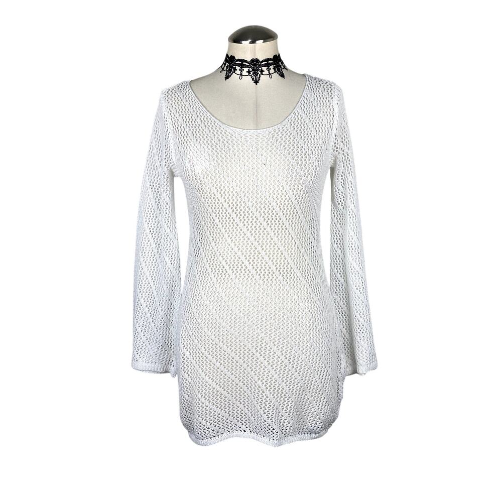 White‎ Crochet Loose Knit Open Back Bell Sleeve Sheer Festival Cover Up Top Boho